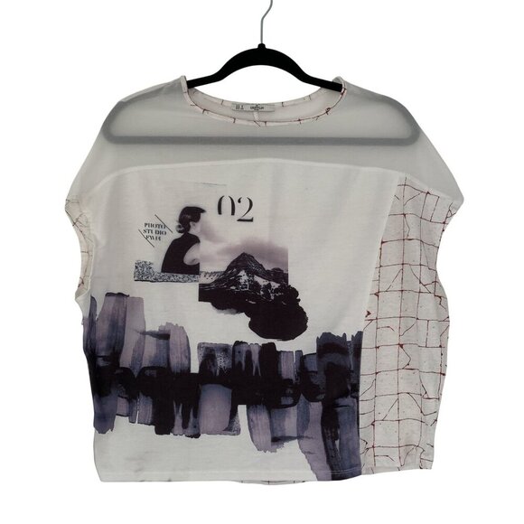 Griffin Paris Abstract Graphic Print Top Semi Sheer Size S White Relaxed Fit - Picture 5 of 5